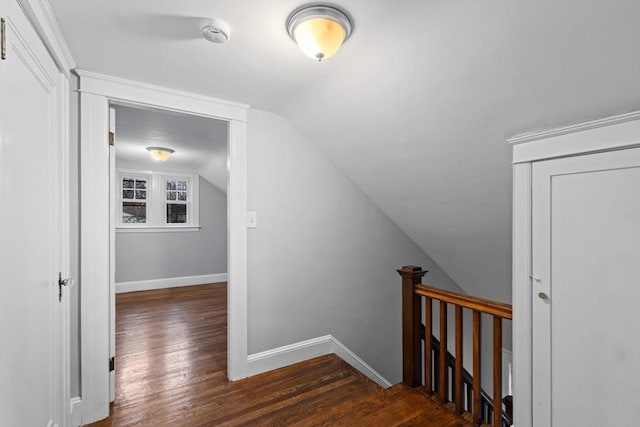 stairs featuring lofted ceiling and hardwood / wood-style floors