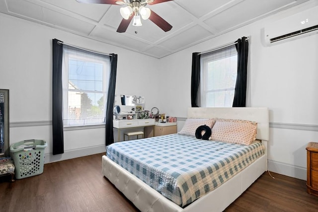 73 Lincoln Ave, Saugus, MA 01906 - bedroom featuring a wall mounted air conditioner, wood finished floors, baseboards, ceiling fan, and coffered ceiling