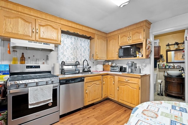 73 Lincoln Ave, Saugus, MA 01906 - kitchen with appliances with stainless steel finishes, under cabinet range hood, a sink, light countertops, and light wood-style floors
