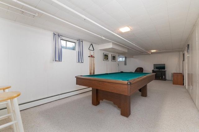 game room with billiards, a baseboard heating unit, and light speckled floor