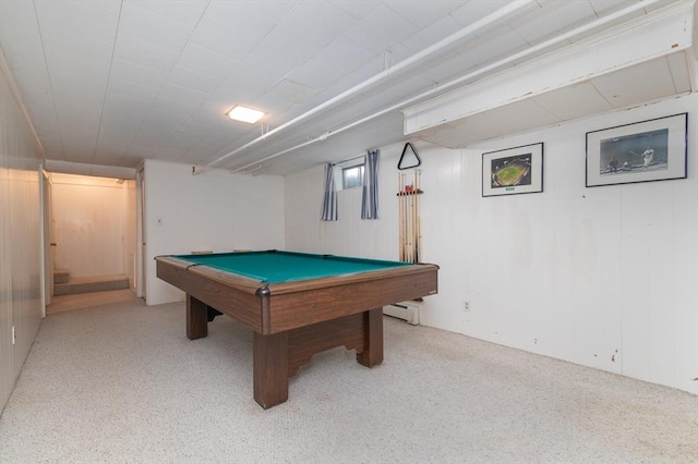 rec room featuring light speckled floor, pool table, and baseboard heating