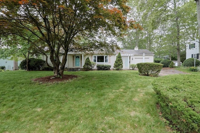 33 Page Rd, North Attleboro, MA 02760 - view of property hidden behind natural elements with a garage, a chimney, and a front lawn