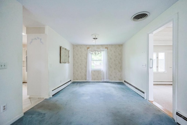 33 Page Rd, North Attleboro, MA 02760 - carpeted empty room with baseboard heating, a chandelier, and a baseboard heating unit