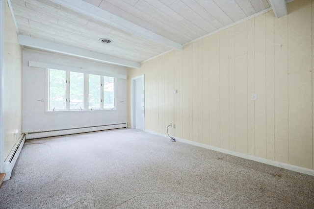 33 Page Rd, North Attleboro, MA 02760 - spare room featuring carpet flooring, a baseboard heating unit, a wood ceiling with exposed beams, and wooden walls