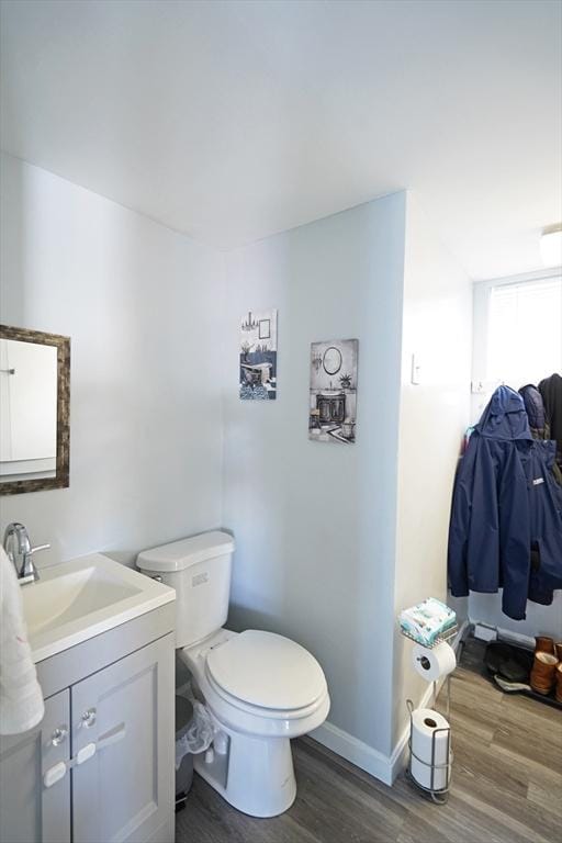 bathroom featuring vanity, wood-type flooring, and toilet