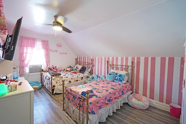 bedroom with cooling unit, ceiling fan, wood-type flooring, and vaulted ceiling