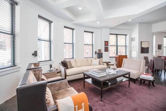 living room featuring carpet flooring, coffered ceiling, beamed ceiling, and recessed lighting