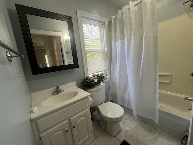 bathroom with shower / tub combo, toilet, vanity, and marble look tiles