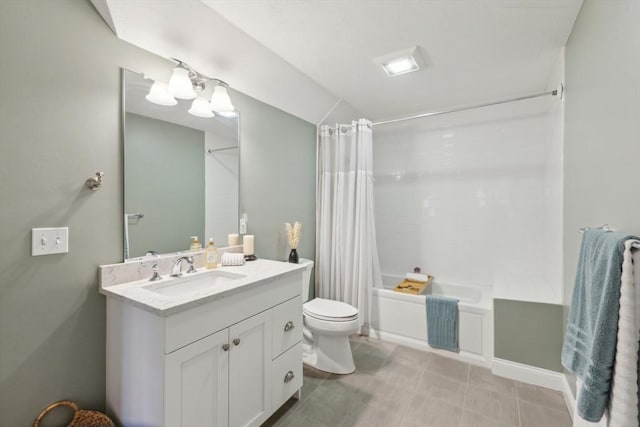 bathroom featuring vanity, tile patterned flooring, lofted ceiling, toilet, and shower / tub combo