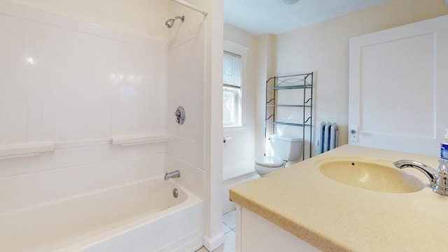 full bath with radiator, toilet, bathing tub / shower combination, and vanity