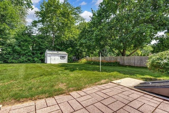 view of yard featuring a storage shed and a patio area