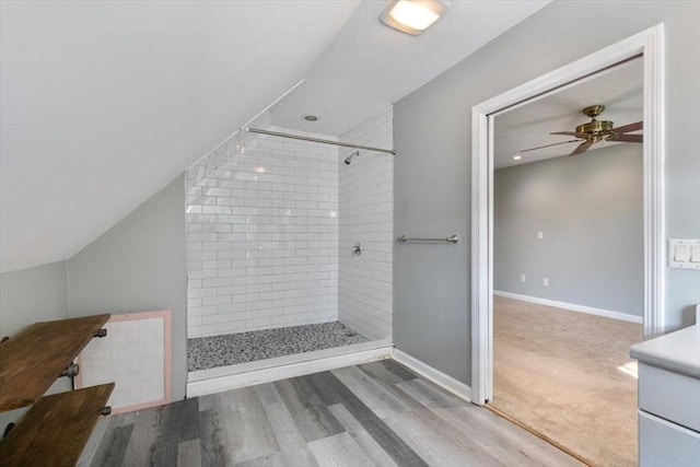 29 Balcomb St Unit 29, Salem, MA 01970 - full bathroom featuring tiled shower, vaulted ceiling, wood finished floors, a ceiling fan, and vanity