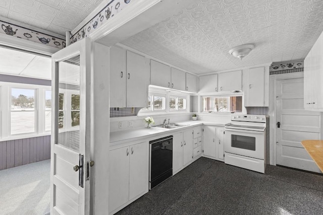 kitchen with sink, white electric stove, white cabinetry, and dishwasher