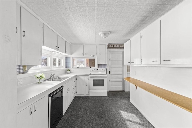 kitchen featuring white range with electric cooktop, sink, white cabinetry, and dishwasher