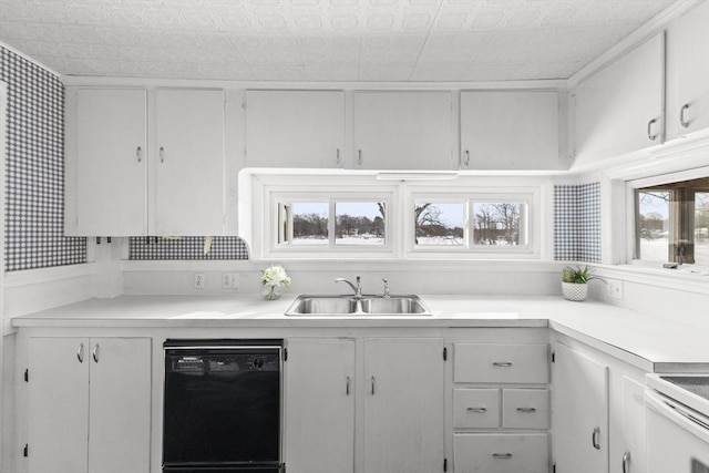 kitchen with white cabinets, black dishwasher, and sink