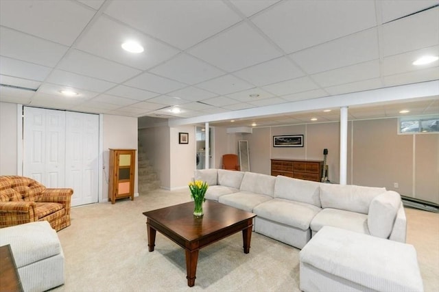 38 Pasho St, Andover, MA 01810 - living room with light colored carpet, stairs, recessed lighting, and a paneled ceiling