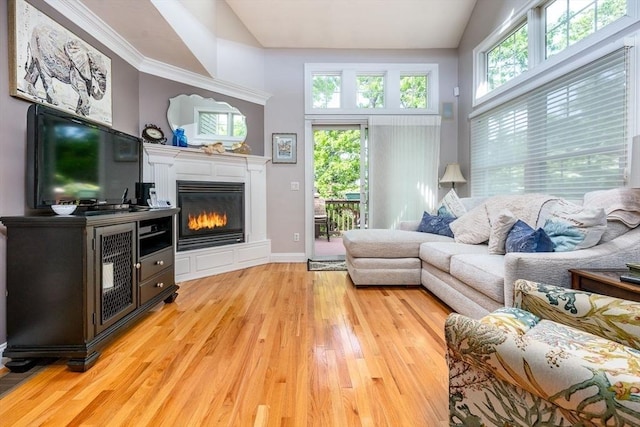 38 Gold Leaf, Mashpee, MA 02649 - living area with wood finished floors, plenty of natural light, a glass covered fireplace, and high vaulted ceiling