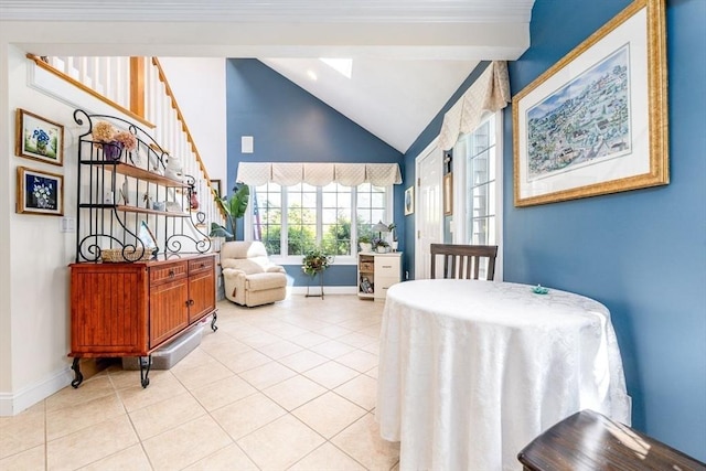 38 Gold Leaf, Mashpee, MA 02649 - dining room with a skylight, light tile patterned floors, stairs, and high vaulted ceiling