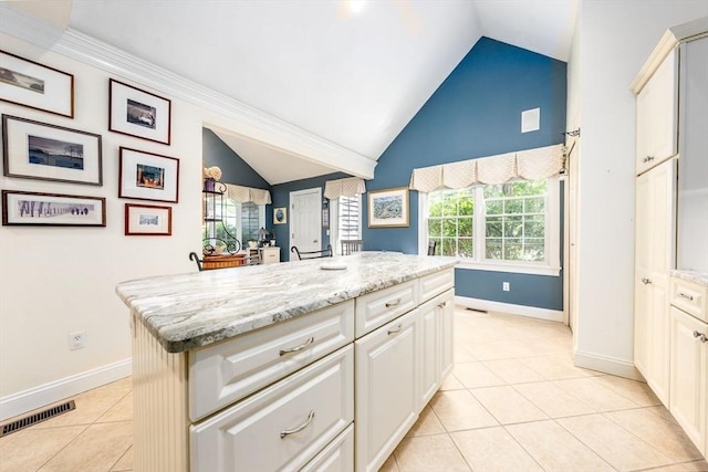 38 Gold Leaf, Mashpee, MA 02649 - kitchen featuring lofted ceiling, light tile patterned floors, light stone counters, plenty of natural light, and a center island