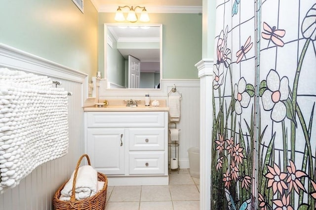 38 Gold Leaf, Mashpee, MA 02649 - full bathroom with crown molding, vanity, tile patterned floors, a wainscoted wall, and a shower with shower curtain