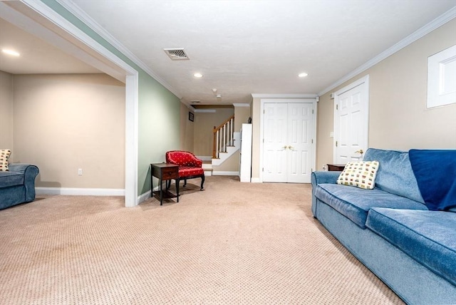 38 Gold Leaf, Mashpee, MA 02649 - living area with crown molding, recessed lighting, light colored carpet, and stairs
