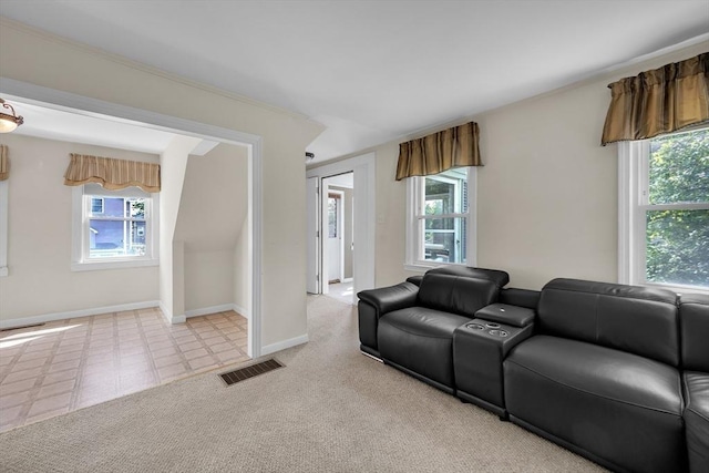 carpeted living area with plenty of natural light and baseboards