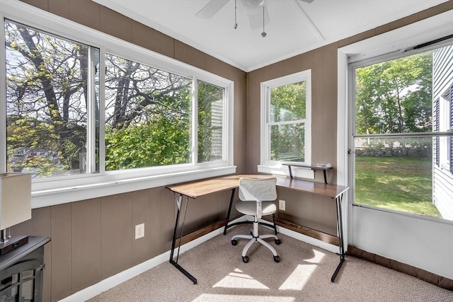 office area with light carpet and ceiling fan