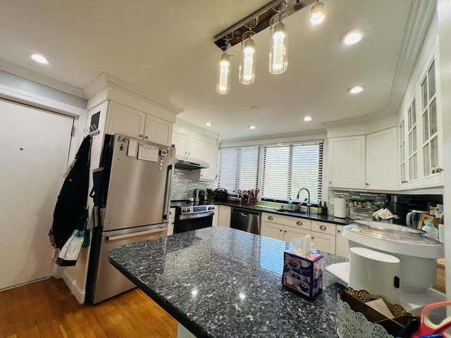kitchen featuring decorative backsplash, a sink, under cabinet range hood, stainless steel appliances, and white cabinetry