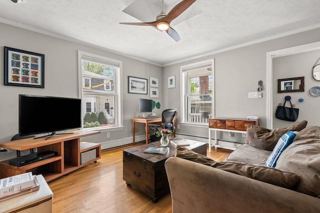 living area featuring healthy amount of natural light, a ceiling fan, a baseboard heating unit, a baseboard radiator, and crown molding
