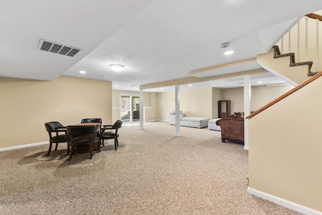 dining area with carpet flooring, recessed lighting, baseboards, and visible vents