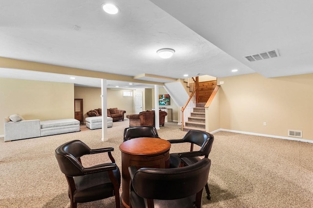 interior space with visible vents, recessed lighting, and carpet