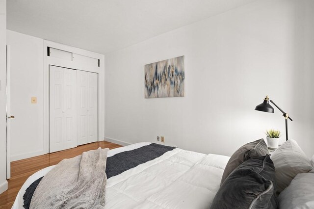 bedroom with baseboards, wood finished floors, and a closet