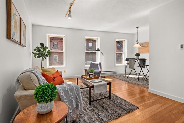 living area featuring baseboards, a baseboard heating unit, rail lighting, and wood finished floors