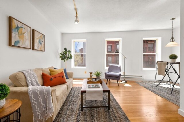 living area featuring baseboards, wood finished floors, and a baseboard radiator