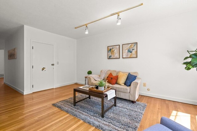 living room featuring baseboards, rail lighting, and light wood-style flooring