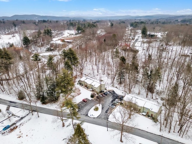 snowy aerial view with a mountain view