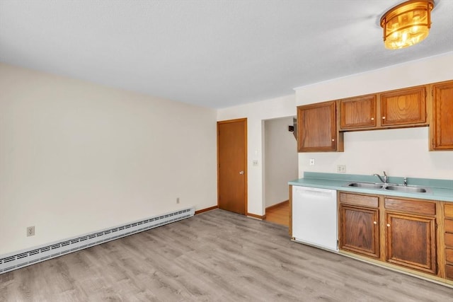 kitchen with baseboard heating, white dishwasher, sink, and light hardwood / wood-style flooring