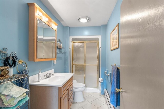 41 Edwards St, Southbridge, MA 01550 - bathroom with vanity, tile patterned floors, a stall shower, and a baseboard heating unit