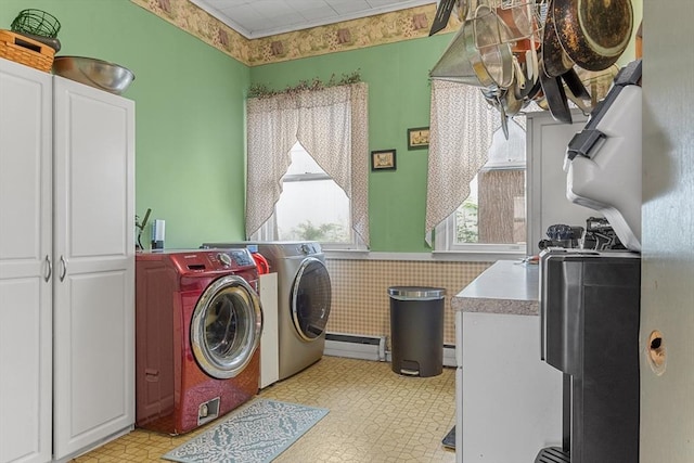 41 Edwards St, Southbridge, MA 01550 - laundry room featuring washer and clothes dryer, cabinet space, light floors, and a wainscoted wall