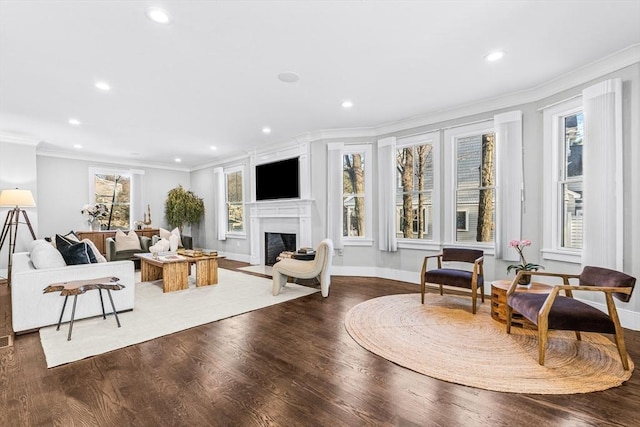 living room with ornamental molding and hardwood / wood-style floors