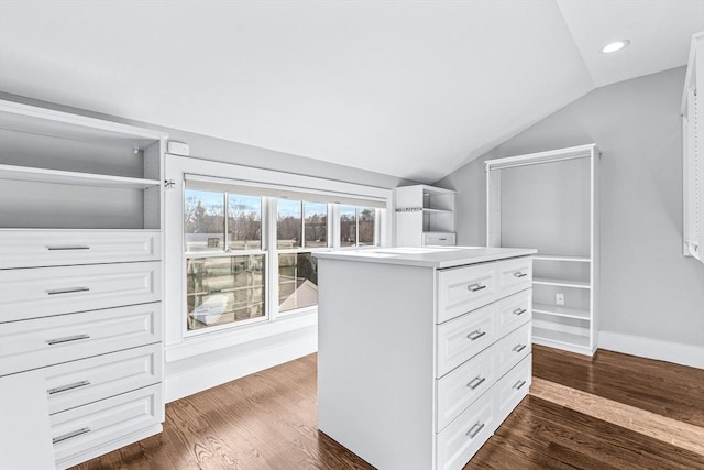 spacious closet featuring lofted ceiling and dark wood-type flooring