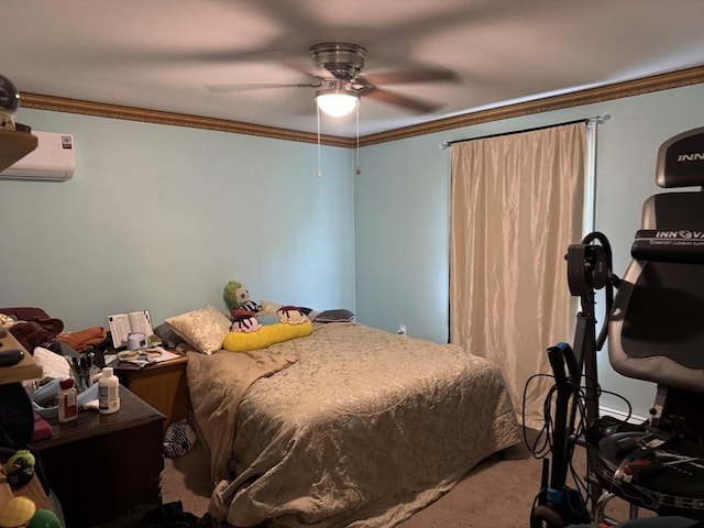 bedroom featuring a wall unit AC, carpet, crown molding, and a ceiling fan