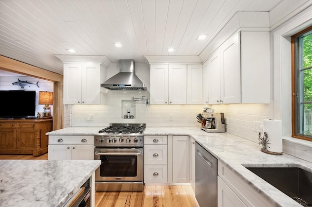 15 Youngs Rd, Gloucester, MA 01930 - kitchen featuring wall chimney range hood, stainless steel appliances, white cabinetry, tasteful backsplash, and wood ceiling