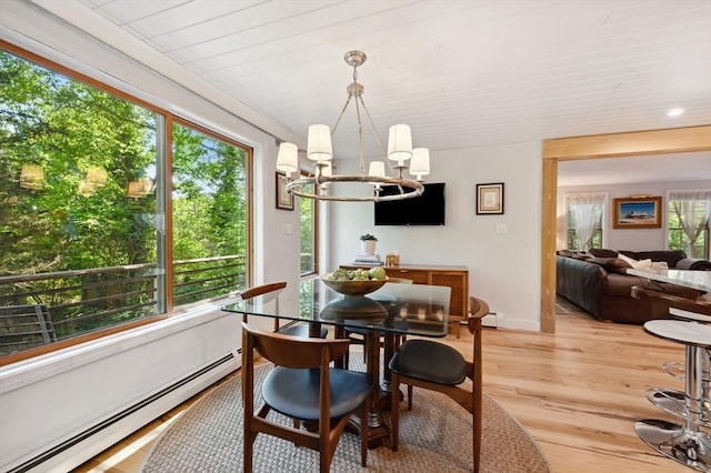 15 Youngs Rd, Gloucester, MA 01930 - dining area featuring a baseboard radiator, a chandelier, light wood-style floors, and baseboards