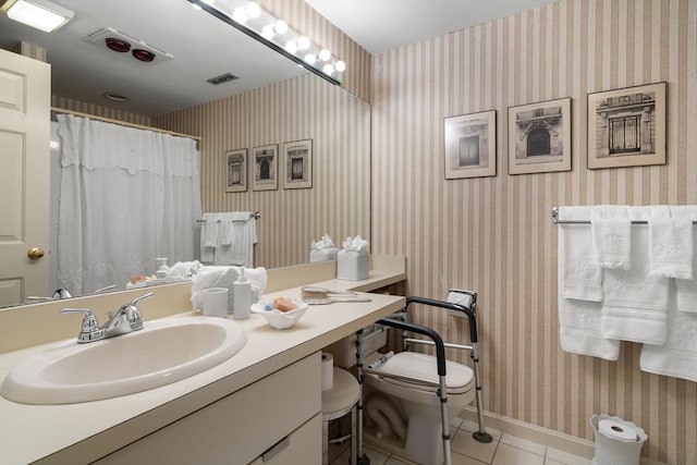27 Quarryridge Ln Unit 27, Rockport, MA 01966 - bathroom with tile patterned floors, vanity, wallpapered walls, and a shower with shower curtain