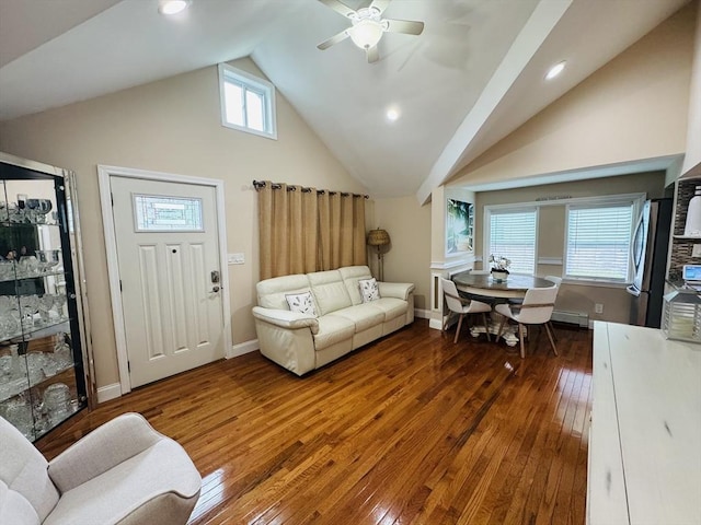 16 3rd St, Framingham, MA 01702 - living area with hardwood / wood-style floors, ceiling fan, high vaulted ceiling, and recessed lighting