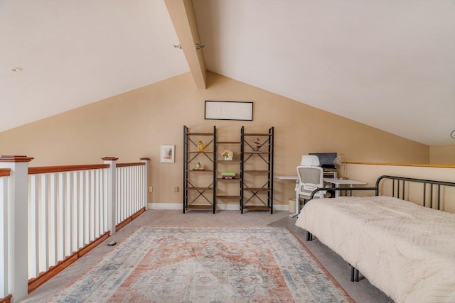 bedroom with vaulted ceiling with beams, carpet floors, and baseboards