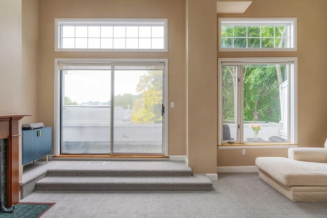 entryway with baseboards, carpet floors, and a healthy amount of sunlight