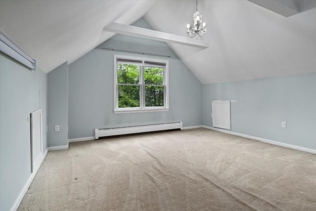88 Cocasset St Unit 1, Foxboro, MA 02035 - additional living space with a baseboard radiator, carpet flooring, vaulted ceiling, a chandelier, and baseboards