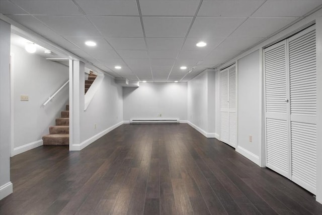 88 Cocasset St Unit 1, Foxboro, MA 02035 - finished basement with baseboard heating, baseboards, recessed lighting, wood finished floors, and stairway